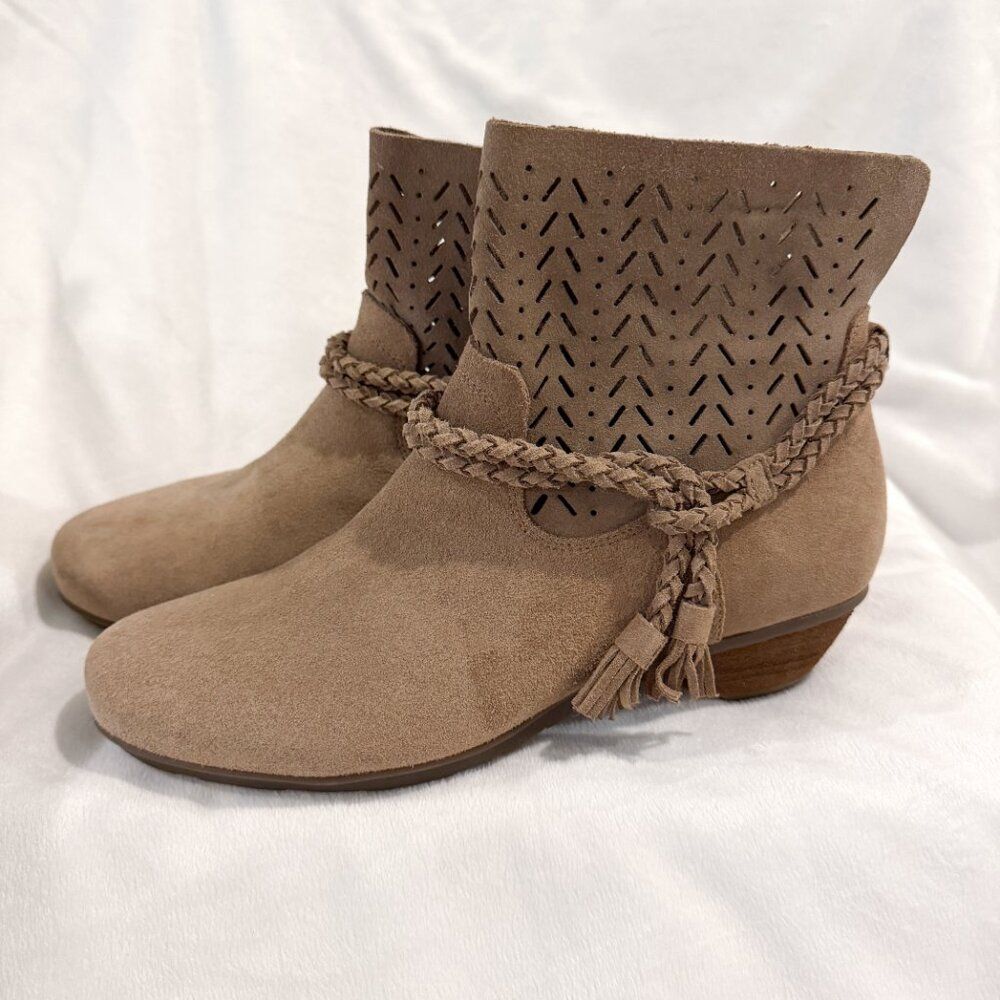 Abeo Taupe Suede Perforated Ankle Boots with Braided Tassel, 9 Narrow